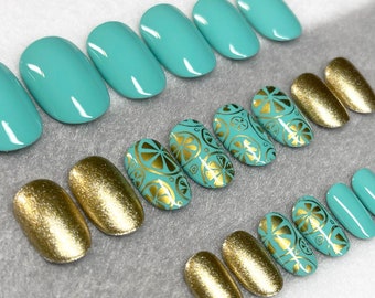 Turquoise Slice Fake Nails, Faux Nails, Glue On Nails, Blue Nails, Gold Fruit Slices, Summer, Fruit Print, Press On Nails, Gloss, Matte