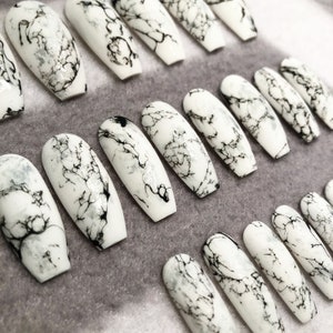 White Faux Marble Nails, Fake Nails, White, Black Nails, Marble Design, Press On Nails, Glue On Nails, Stone, White Marble, Gloss, Matte image 1