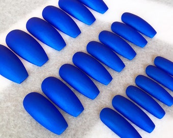 Blue Fake Nails, Faux Nails, Glue On Nails, Bright Blue, Metallic, Nautical, Press On Nails, Gloss, Matte Nails