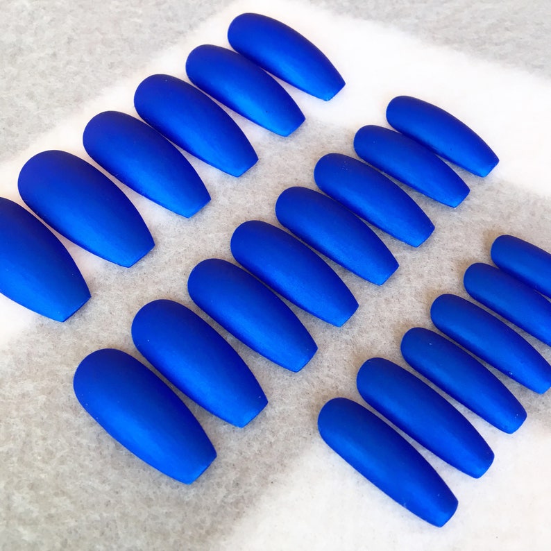 Blue Fake Nails, Faux Nails, Glue On Nails, Bright Blue, Metallic, Nautical, Press On Nails, Gloss, Matte Nails 