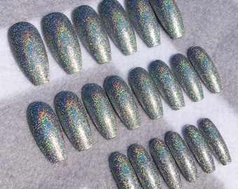 Silver Holographic Fake Nails, Faux Nails, Glue On Nails, Holographic, Scattered Holo, Rainbow Nails, Silver Nails, Press Ons, Gloss Nails