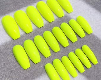 Neon Yellow Faux Nails, Fake Nails, Glue On Nails, Press On Nails, Neon, Bright Yellow, Neon Nails, Gloss Nails, Matte Nails