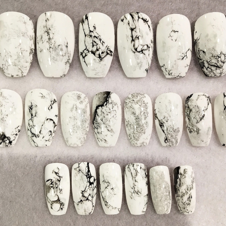 White Faux Marble Nails Fake Nails White and Black Nails Etsy