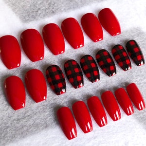 Buffalo Plaid Fake Nails, Faux Nails, Glue On Nails, Red Nails, Buffalo Plaid, Holiday Print, Press On Nails, Gloss, Matte Nails