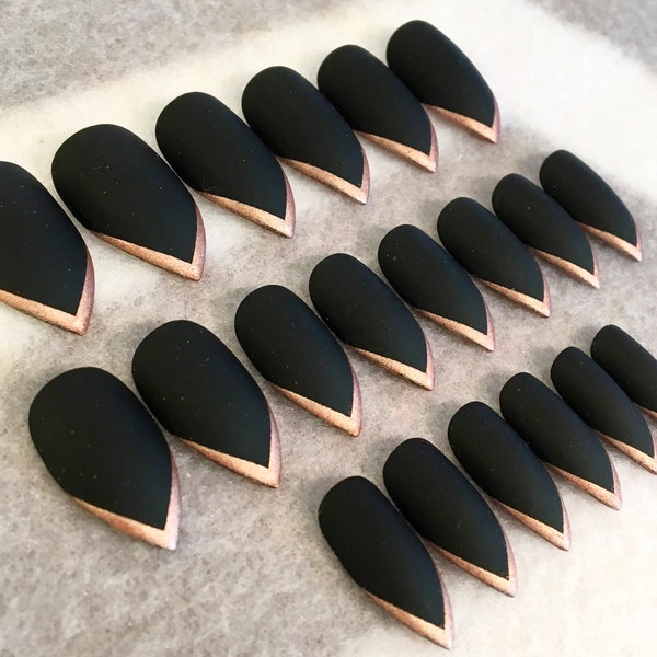 Black And Rose Gold Stiletto Faux Nails, Fake Nails, Rose Gold Tips, French Tips, Press On Nails, Pointy Nails,Glue On Nails, Gloss, Matte