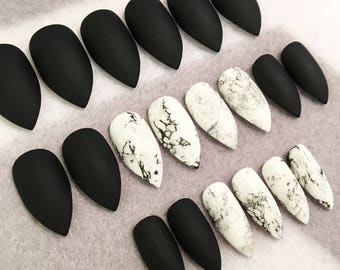 Black And Marble Fake Marble Nails, Faux Nails, Black, White Marble, Glue On Nails, Press On Nails, Gloss Nails, Matte Nails