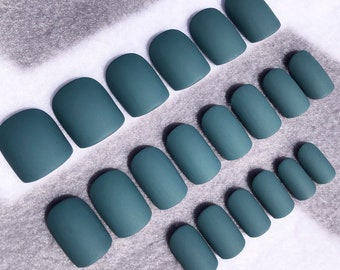 Stone Blue Fake Nails, Faux Nails, Glue On Nails, Gray Nails, Blue, Green, Slate, Press On Nails, Gloss Nails, Matte Nails