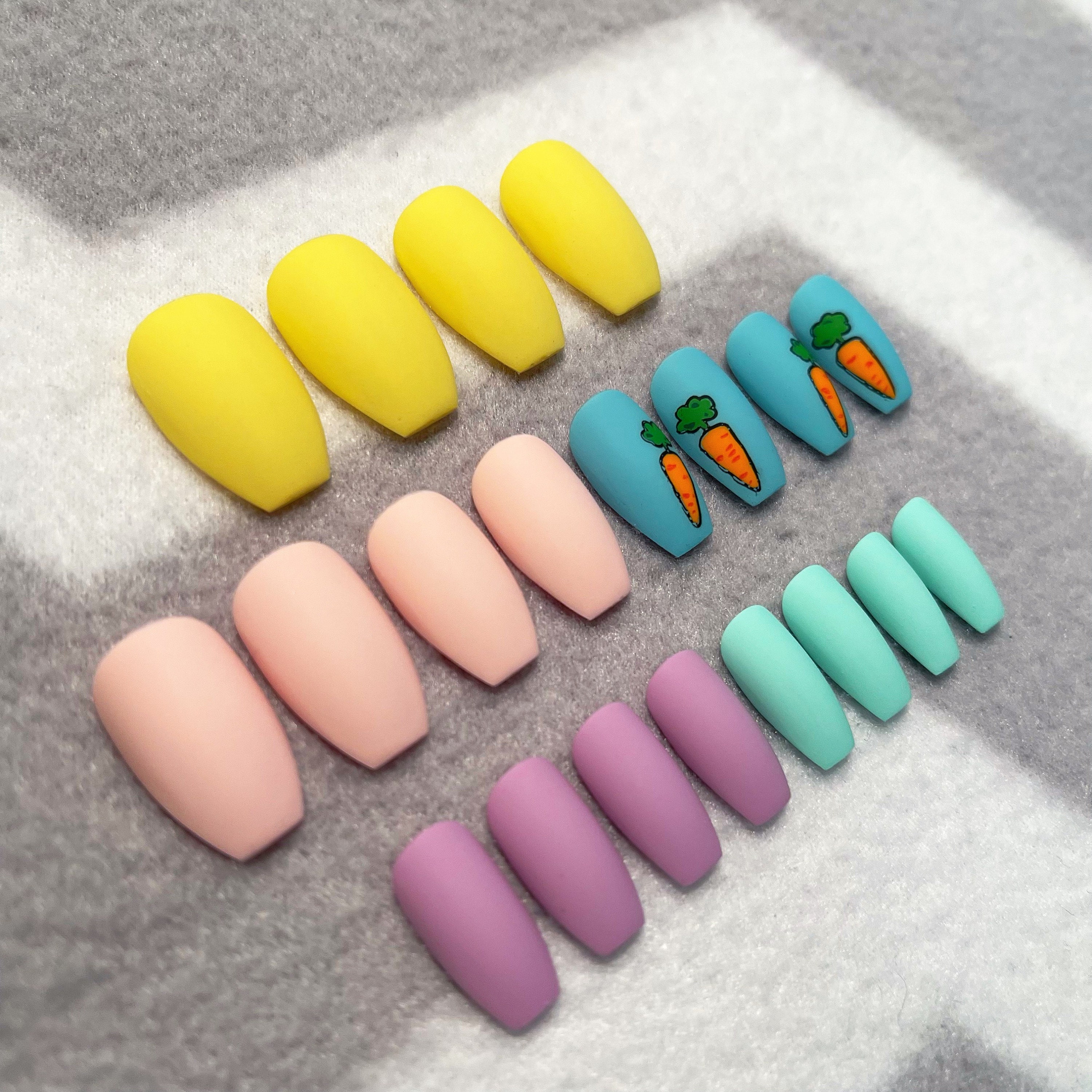 Pastel Fake Nails Faux Nails Glue on Nails Carrots Easter - Etsy
