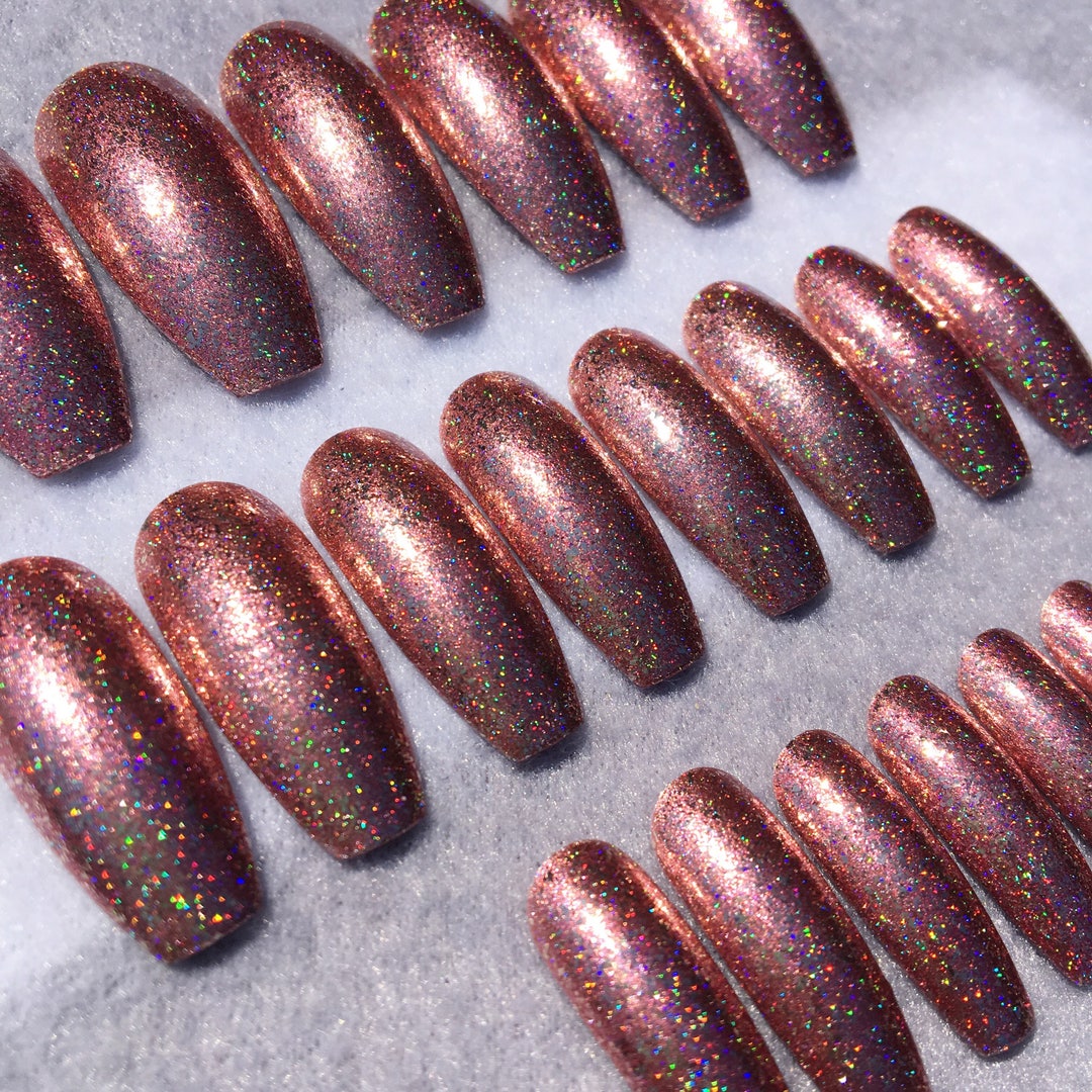 Rose Gold Holographic Fake Nails Faux Nails Glue on Nails - Etsy