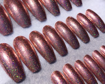 Rose Gold Holographic Fake Nails, Faux Nails, Glue On Nails, Holographic, Pink, Scattered Holo, Rose Gold Nails, Press On Nails, Gloss Nails