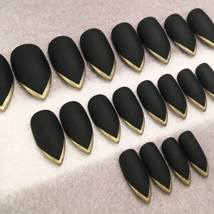 Black And Gold Stiletto Fake Nails, Faux Nails, Gold Tips, French Tips, Stiletto Nails, Glue On Nails, Black Nails, Gloss Nails, Matte Nails image 5