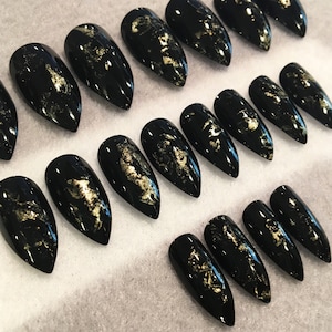 Black With Gold Blotches Fake Nails, Faux Nails, Glue On Nails, Black, Gold Flake Design, Black Nails, Gold Accents, Press On Nails, Gloss