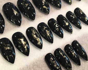 Black With Gold Blotches Fake Nails, Faux Nails, Glue On Nails, Black, Gold Flake Design, Black Nails, Gold Accents, Press On Nails, Gloss