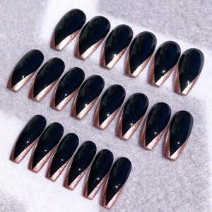 Black and Rose Gold Deep V Faux Nails, Fake Nails, Rose Gold Tips ...