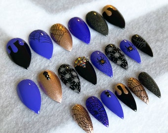 Halloween Chic Fake Nails, Faux Nails, Glue On Nails, Spiderweb, Rose Gold, Purple, Spider Nails, Press On Nails, Halloween Nails, Gloss