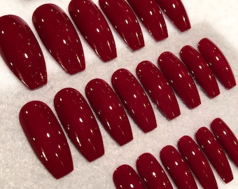 Crimson Red Faux Nails, Fake Nails, Glue On Nails, Dark Red, Burgundy Nails, Red, Press On Nails, Gloss Nails, Matte Nails