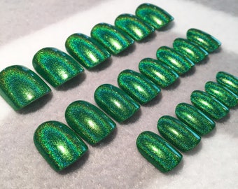 Green Holographic Fake Nails, Faux Nails, Glue On Nails, Holographic, Scattered Holo, Rainbow Nails, Green Nails, Holo Nails, Gloss Nails