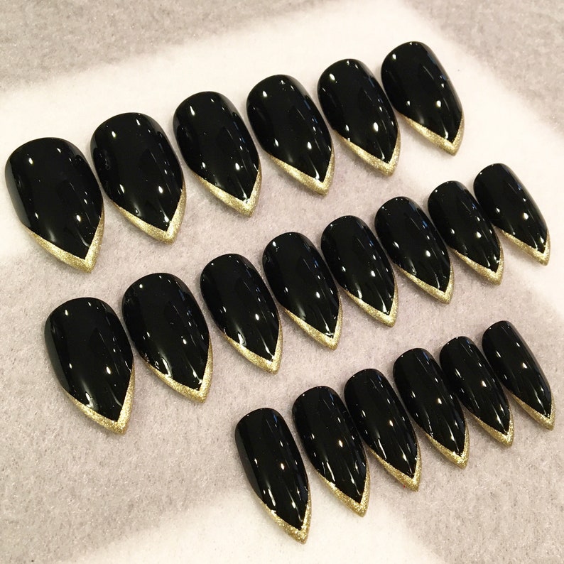 Black And Gold Stiletto Fake Nails, Faux Nails, Gold Tips, French Tips, Stiletto Nails, Glue On Nails, Black Nails, Gloss Nails, Matte Nails image 4