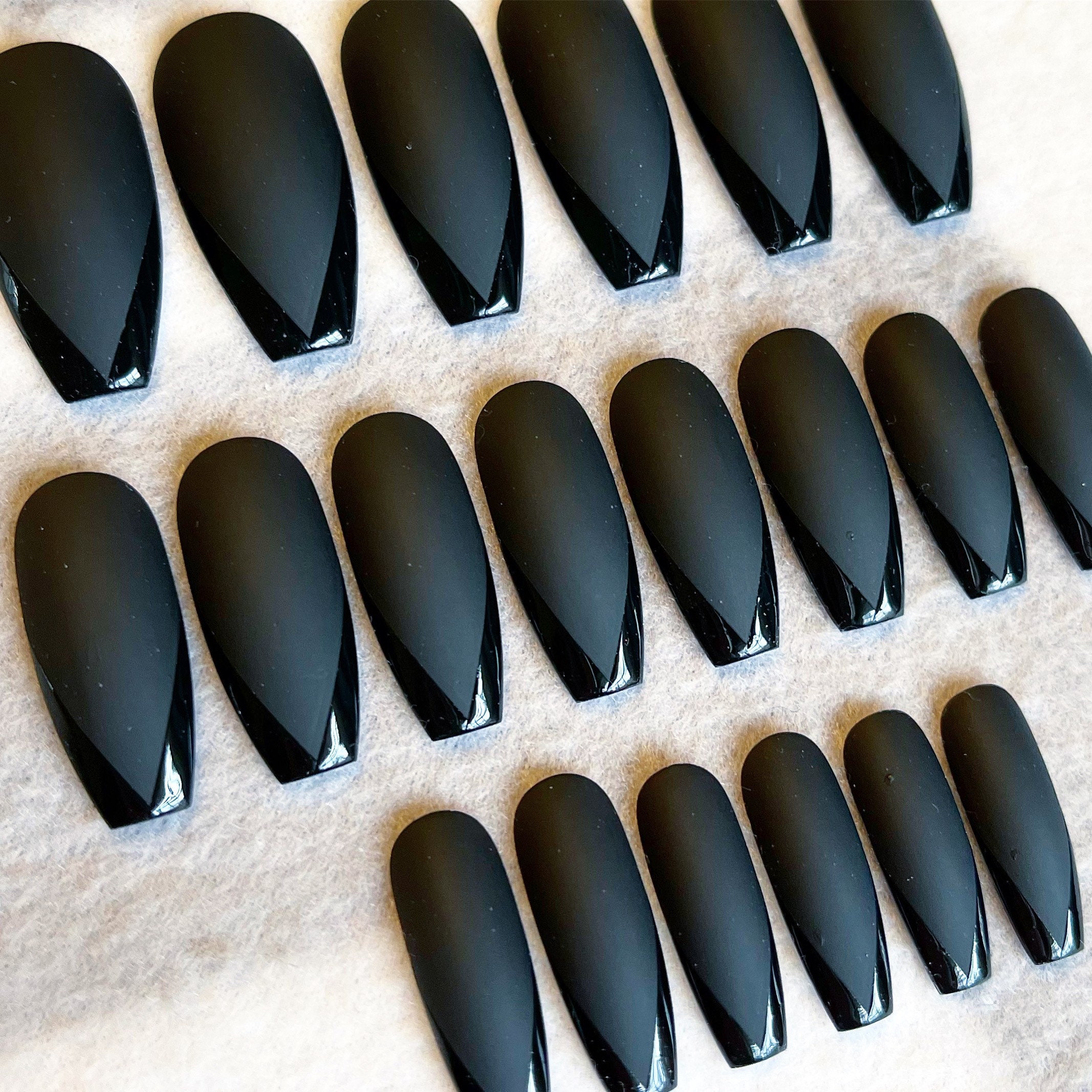 French Tip Styles Matte Black Coffin Acrylic False Nails Long 3d Diamonds  Woman Solid Color Fake