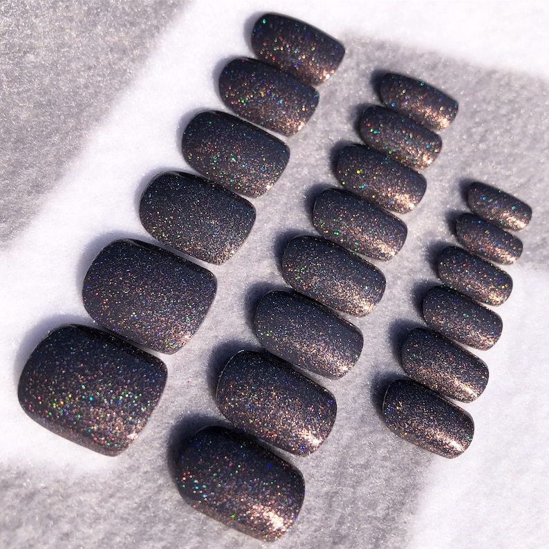 Gray Holographic Fake Nails, Faux Nails, Glue On Nails, Holographic, Scattered Holo, Rainbow, Gray Nails, Sparkle Nails, Gloss Nails image 3