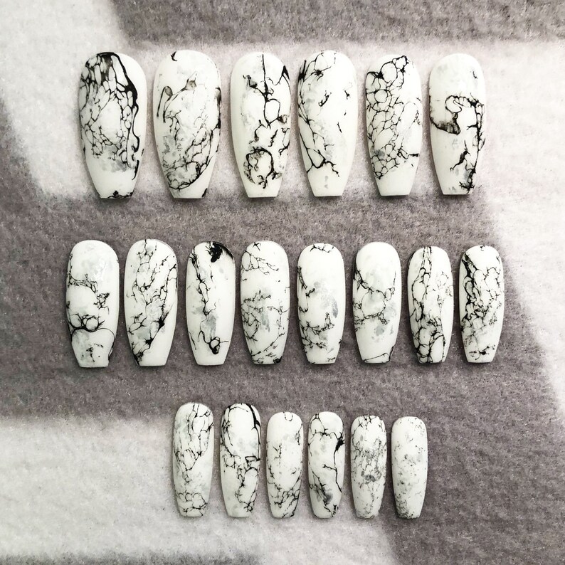 White Faux Marble Nails, Fake Nails, White, Black Nails, Marble Design, Press On Nails, Glue On Nails, Stone, White Marble, Gloss, Matte image 2