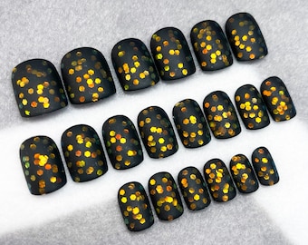 Twinkle Fake Nails, Faux Nails, Glue On Nails, Press Ons, Black Nails, Iridescent Glitter, Glitter Nails, Party Nails, Matte Nails, Gloss