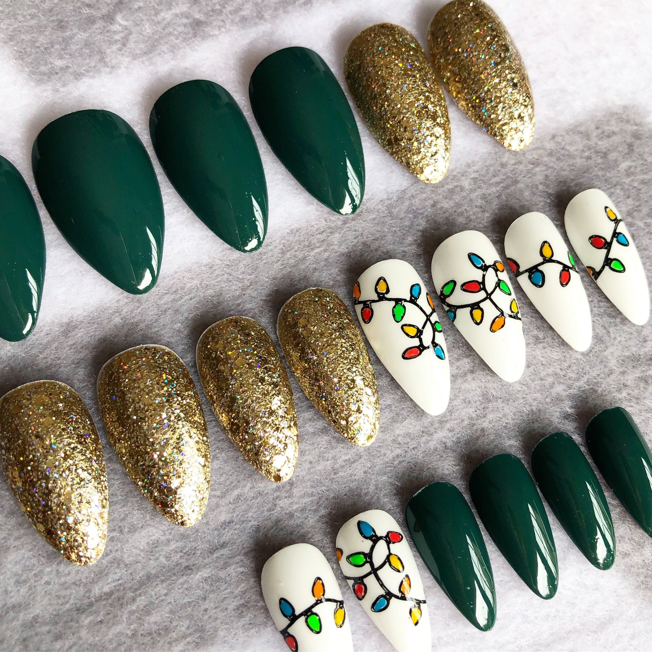 Festive Fake Nails Faux Nails Green Nails Gold Christmas | Etsy