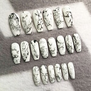 White Faux Marble Nails, Fake Nails, White, Black Nails, Marble Design, Press On Nails, Glue On Nails, Stone, White Marble, Gloss, Matte image 3