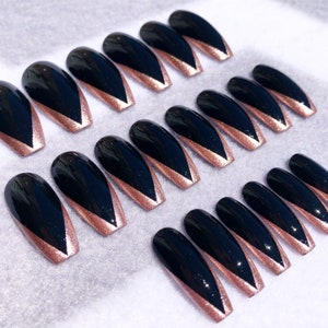 Black And Rose Gold Deep V Faux Nails, Fake Nails, Rose Gold Tips, French Tips, Coffin Nails, Press On Nails, Glue On Nails, Gloss, Matte