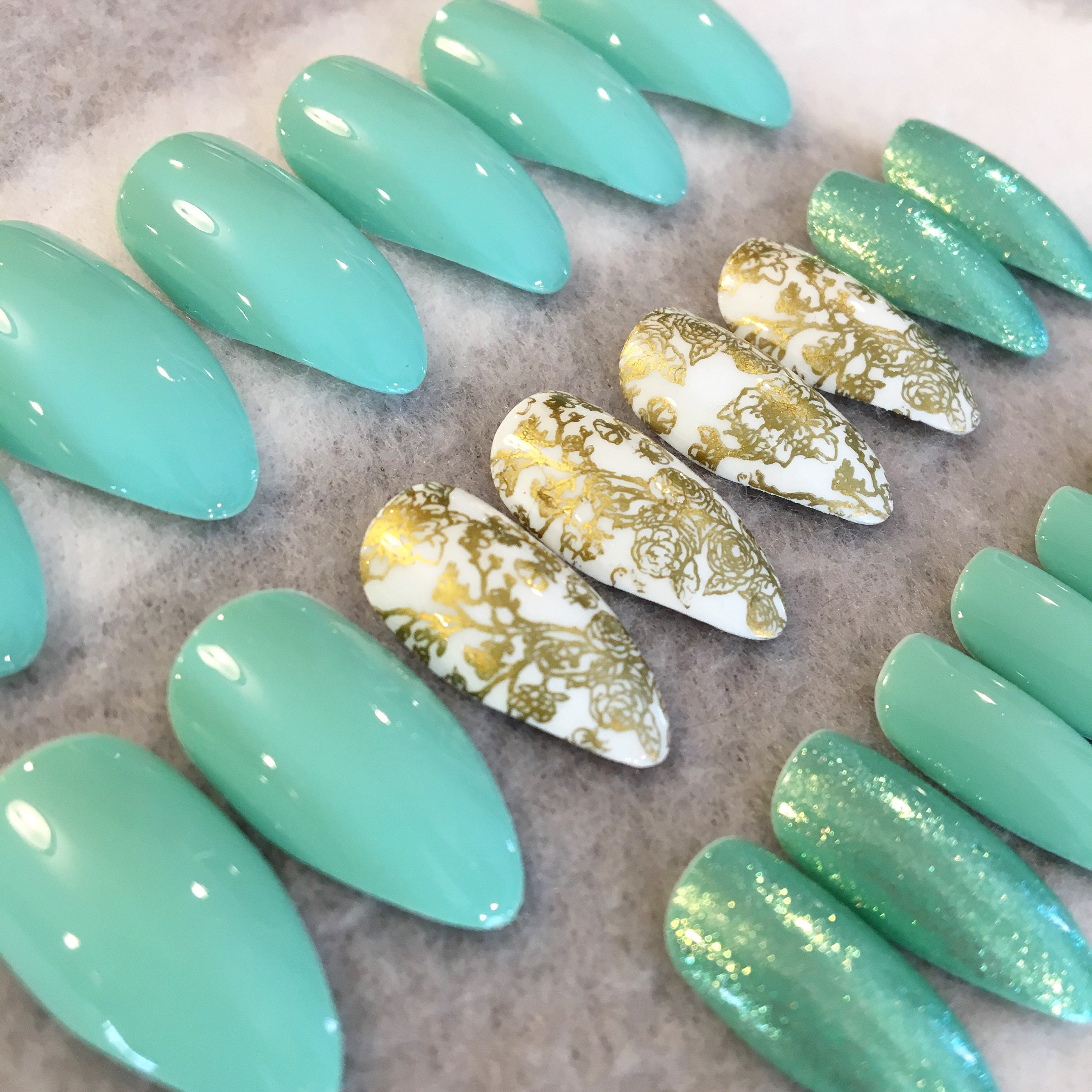 Seafoam Green And Gold Fake Nails Faux Nails Glue On Nails | Etsy