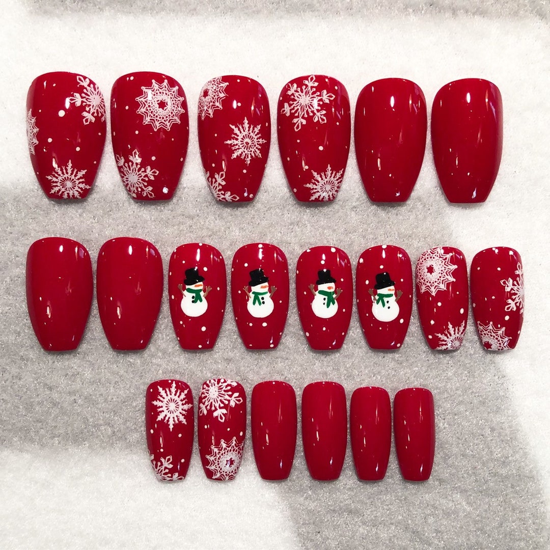 Red Snowman Fake Nails, Faux Nails, Glue on Nails, Red Nails, Snowman ...