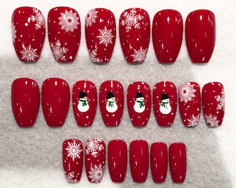 Red Snowman Fake Nails, Faux Nails, Glue On Nails, Red Nails, Snowman Nails, Holiday Nails, Winter Nails, Press On Nails, Gloss Nails