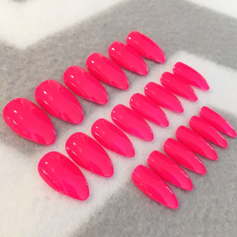 Hot Neon Pink Fake Nails Faux Nails Glue on Nails Hot Pink Etsy