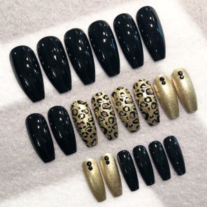 Leopard Print Fake Nails, Faux Nails, Glue On Nails, Black, Gold, Rhinestones, Leopard Print, Animal Print, Press On Nails, Gloss Nails