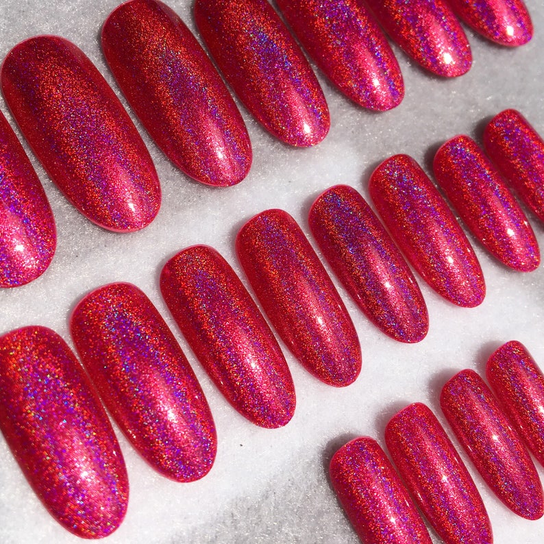 Hot Pink Holographic Fake Nails Faux Nails Glue on Nails Etsy