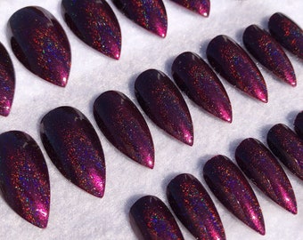 Black Cherry Holographic Fake Nails, Faux Nails, Glue On Nails, Holographic, Scattered Holo, Rainbow Nails, Burgundy, Plum, Gloss Nails