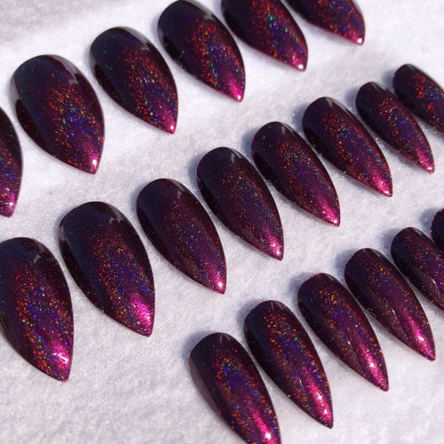 Black Cherry Holographic Fake Nails Faux Nails Glue on - Etsy Australia