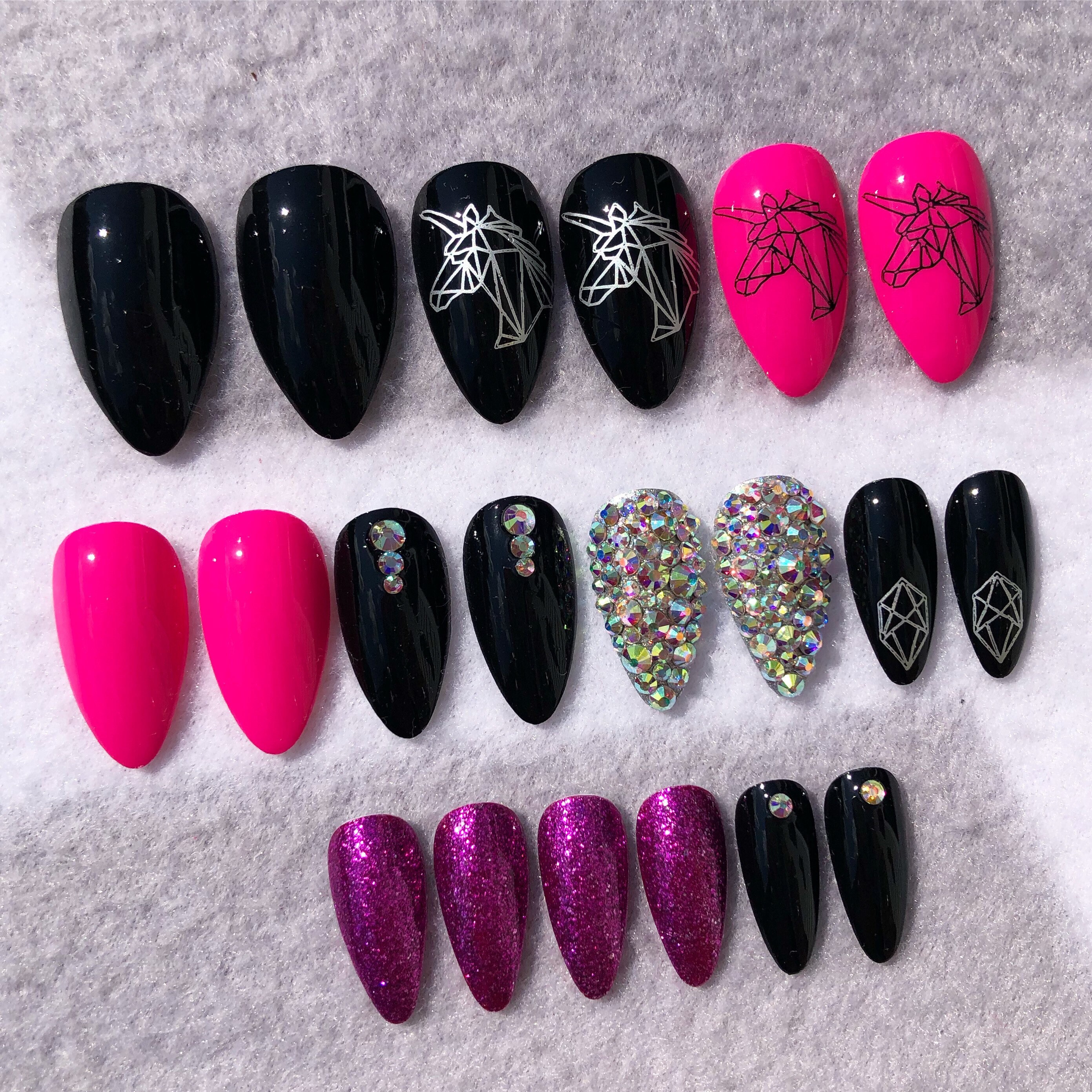 Black And Hot Pink Geometric Unicorn Fake Nails Faux Nails Etsy
