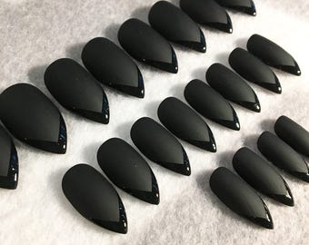 Black Matte And Gloss Fake Nails, Faux Nails, Gloss Tips, French Tips, Stiletto Nails, Glue On Nails, Black Nails, Matte Nails