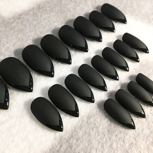 Black Matte And Gloss Fake Nails, Faux Nails, Gloss Tips, French Tips, Stiletto Nails, Glue On Nails, Black Nails, Matte Nails