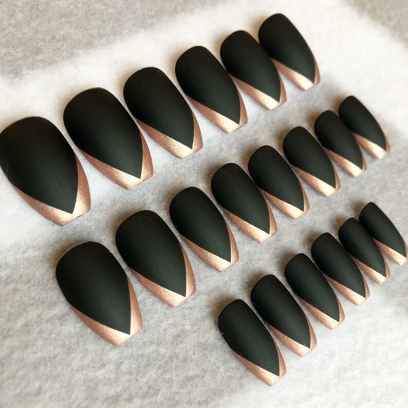 Black and Rose Gold Deep V Faux Nails Fake Nails Rose Gold Etsy