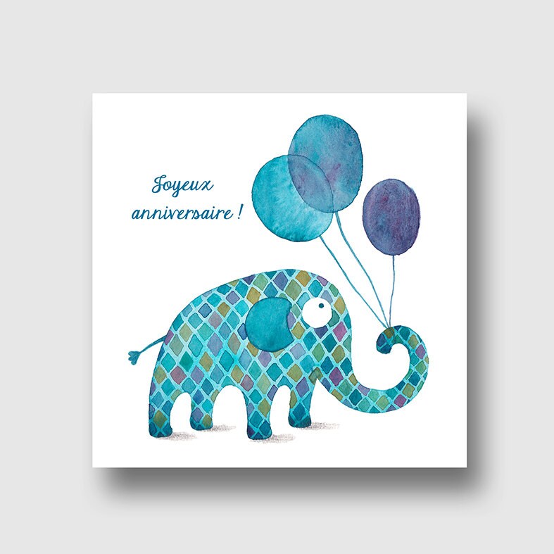 Card Anniversary Art Card Elephant Blue Balloons Etsy