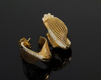 18k Gold Statement Earrings with Diamonds | Unique Diamond Earrings for Her | Statement Hoop Earrings | Fine JewelryFREE SHIPMENT