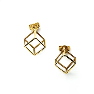18K Gold Geometric Cube Stud Earrings - Minimalist Square Architecture