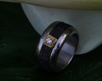 Stainless Steele ring VS round white Diamond-  Black Cement