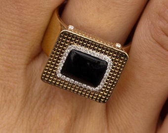 18K Gold Unique Gemstone Ring - VS White Diamonds Square Onyx Cocktail Ring | Contemporary & Statement Design | Handcrafted in Israel