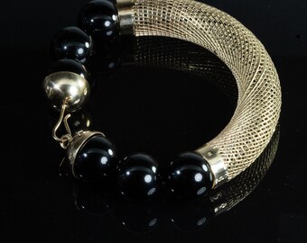 14k Yellow Gold Unique | Contemporary Bangle Bracelet, 16mm Onyx Beads, Made in Israel