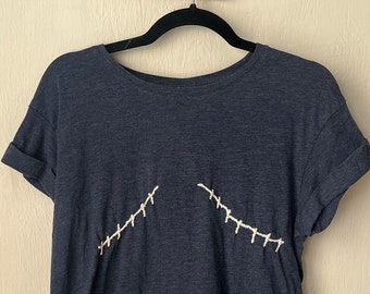 Sz M: Upcycled Embroidered Navy Stitches Tee