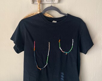 Sz XS/S: Upcycled Embroidered Uneven Boob Rainbow Tee