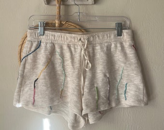 Sz S/M: Upcycled Embroidered Rainbow Line Comfy Shorts